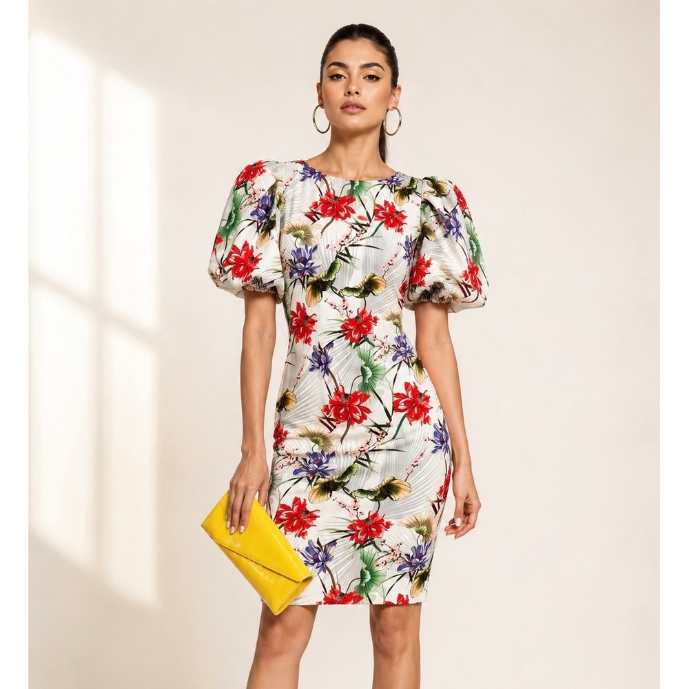 Soho Bright‎ Floral Botanical Print Scuba Sheath Dress 2 Puff Sleeve Wedding